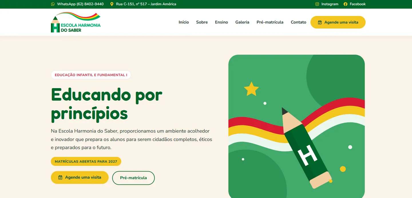Página inicial do site escolaharmoniadosaber.com.br no computador